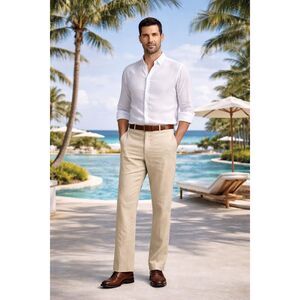 Tasso Elba Linen Pants 36x30 Beige Flat Front Summer Mens